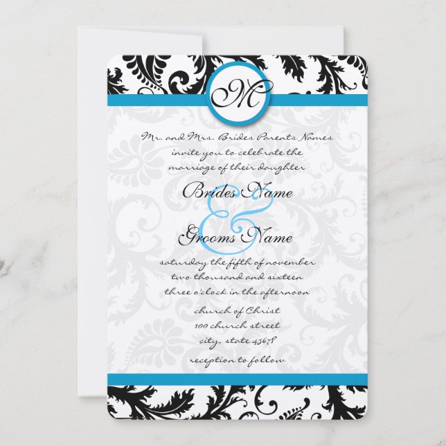 Convites Bright Aqua Damask Swirls Casamento (Frente)