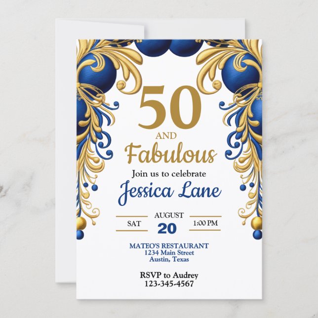 Convites Bright Blue and Flat Gold Birthday Party (Frente)