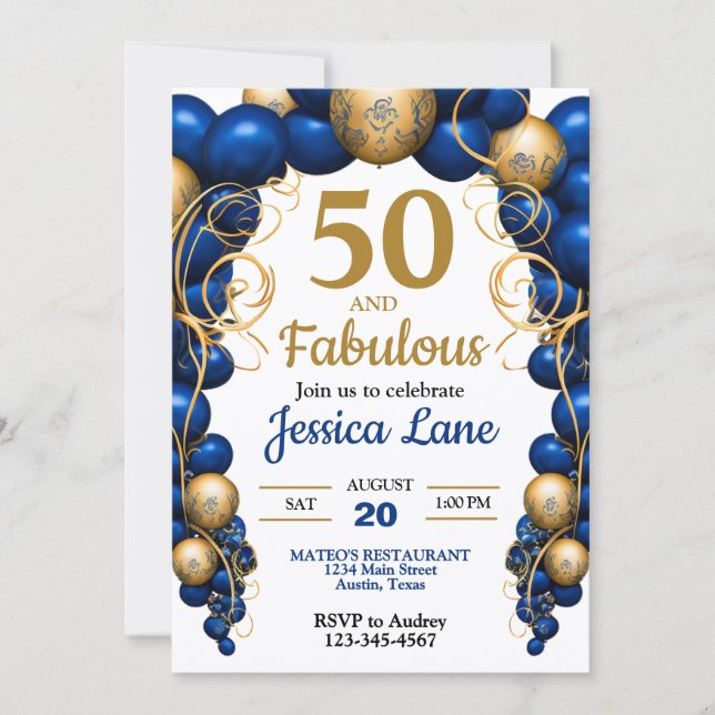 Convites Bright Blue and Flat Gold Birthday Party (Frente)