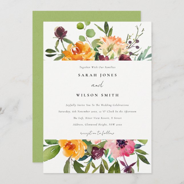 CONVITES BRIGHT BLUSH YELLOW ORANGE FLORAL WEDDING (Frente/Verso)