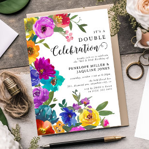 Convites Bright & Bold Florals Celebração Dupla Aniversário