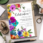 Convites Bright & Bold Florals Celebração Dupla Aniversário<br><div class="desc">Convite de Aniversário para Celebração Dupla. Design apresenta flores claras e arrojadas de aquarela com verde botânico. convites para aniversário. O clássico modelo de aniversário elegante é fácil de personalizar e é perfeito para qualquer festa de aniversário comum de idade ou marco!</div>