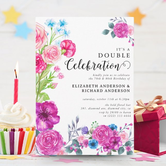 Convites Bright & Bold Florals Celebração Dupla Aniversário (Criador carregado)