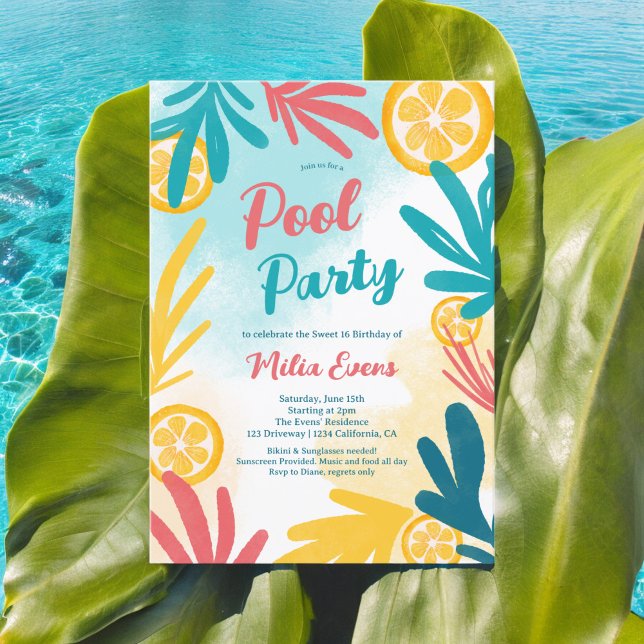 Convites Bright bold piscina tropical da praia Doce 16 (Bright bold Tropical beach pool party Sweet 16 Invitation)