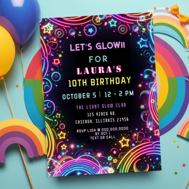 Convites Bright Colorida Noon Glow Party Aniversário (Bright Colorful Neon Glow Party Birthday Invitation)