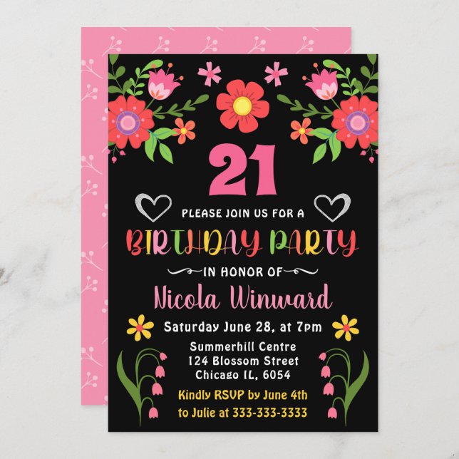 Convites Bright Floral Mexicano Fiesta Festa de aniversário (Frente/Verso)