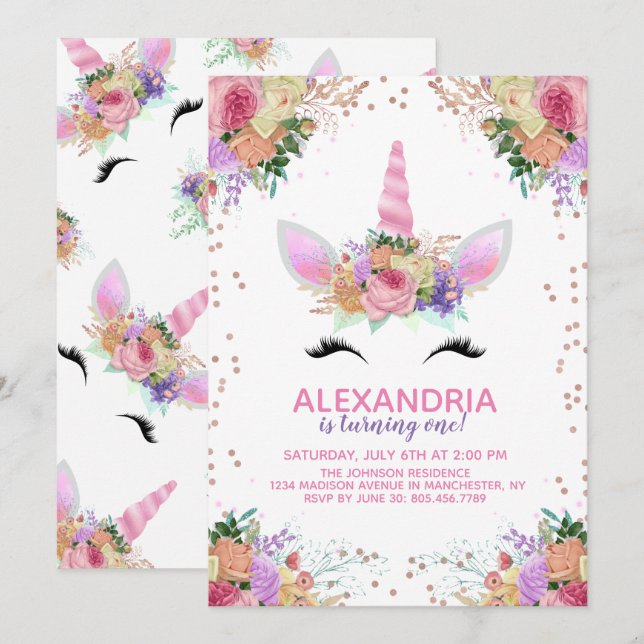 Convites Bright Floral Unicorn Birthday (Frente/Verso)