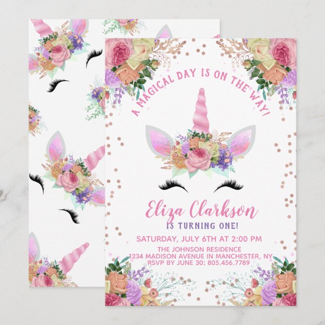 Convites Bright Floral Unicorn Birthday (Frente/Verso)