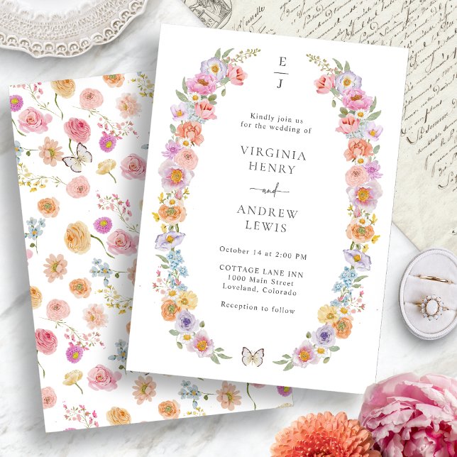 Convites Bright Floral Wedding (Bright Floral Wedding Invitation with Monogram by Painted Paperie
)