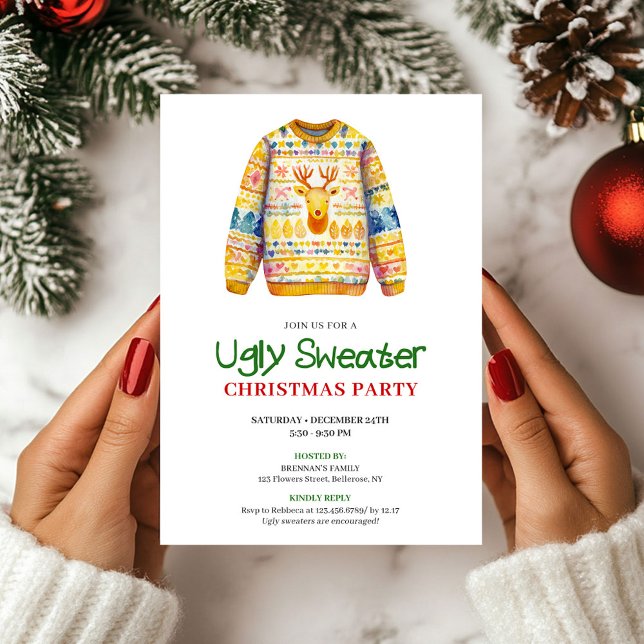 Convites Bright Funny Ugly Sweater Xmas Party Invite (Bright Funny Ugly Sweater Xmas Party Invite)