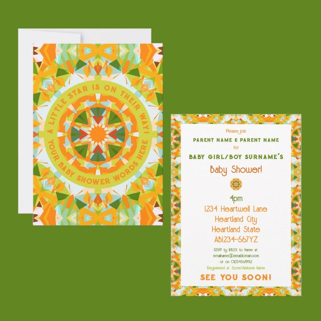 Convites Bright Orange Green Star Baby Girl’s Boy’s Shower (Front and Back View of Baby Shower Invitations)