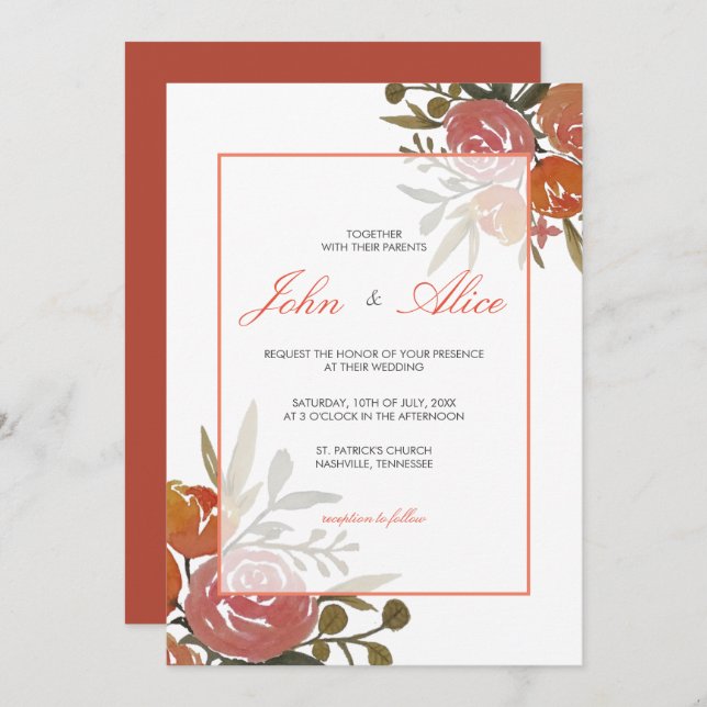 Convites Bright Peach e Orange Floral Weding (Frente/Verso)