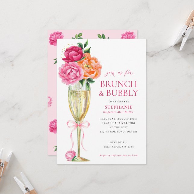 Convites Bright Peony w/QR Code on Back, Brunch and Bubbly  (Frente/Verso In Situ)