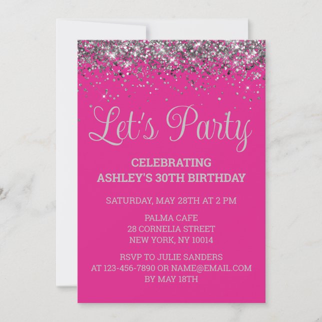 Convites Bright Pink and Silver Glitter 30th Birthday Party (Frente)