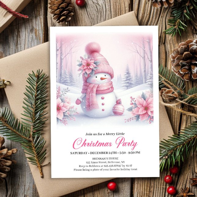 Convites Bright Pink Coquette Snowman Digital Christmas  (Bright Pink Coquette Snowman Digital Christmas Invite Kids)