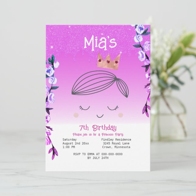 Convites Bright Pink Glitter Princess Girls Aniversário (Em pé/Frente)