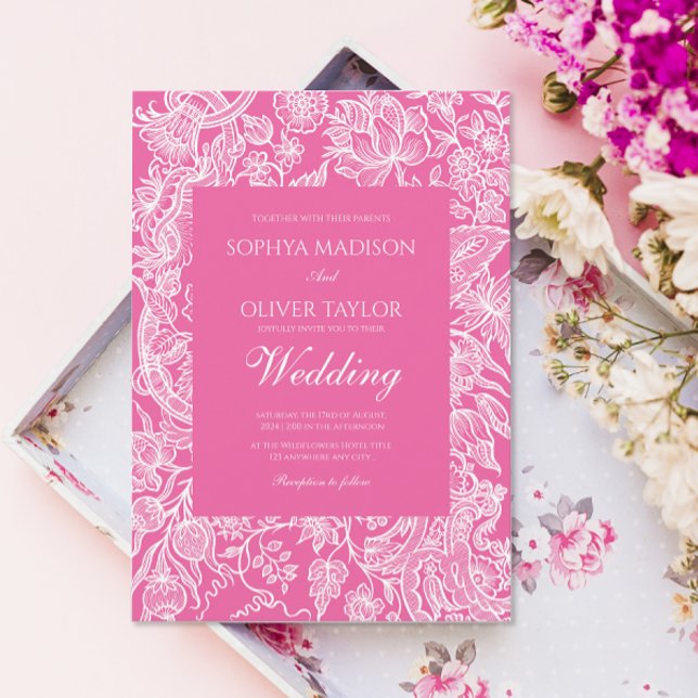 Convites Bright Pink Line Art Wildflower (Criador carregado)