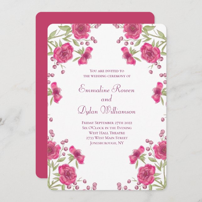 Convites Bright Pink Rose Wedding (Frente/Verso)