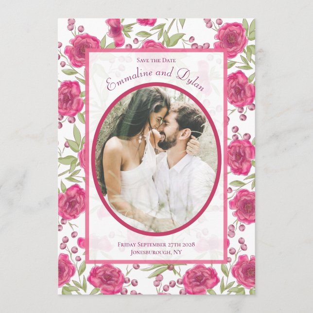 Convites Bright Pink Rose Wedding Save the Date (Frente)