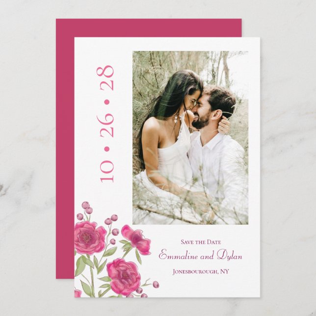 Convites Bright Pink Rose Wedding Save the Date (Frente/Verso)