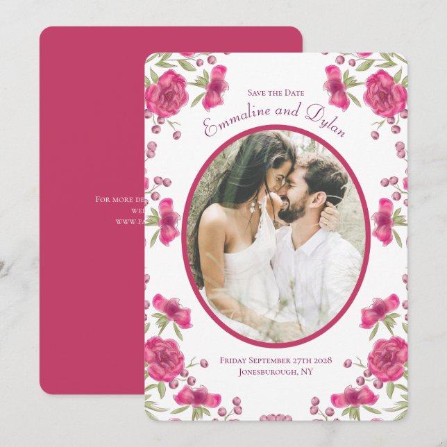 Convites Bright Pink Rose Wedding Save the Date (Frente/Verso)