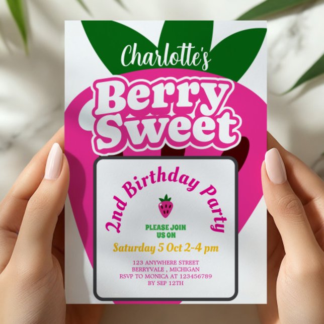Convites Bright Pink Strawberry Berry Sweet Birthday (Criador carregado)