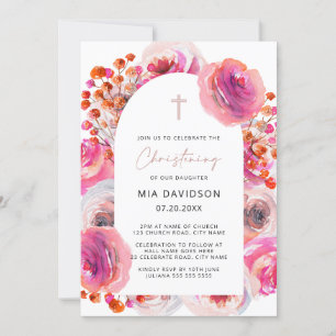 Convites Bright Pink Watercolor Arch Floral Christening