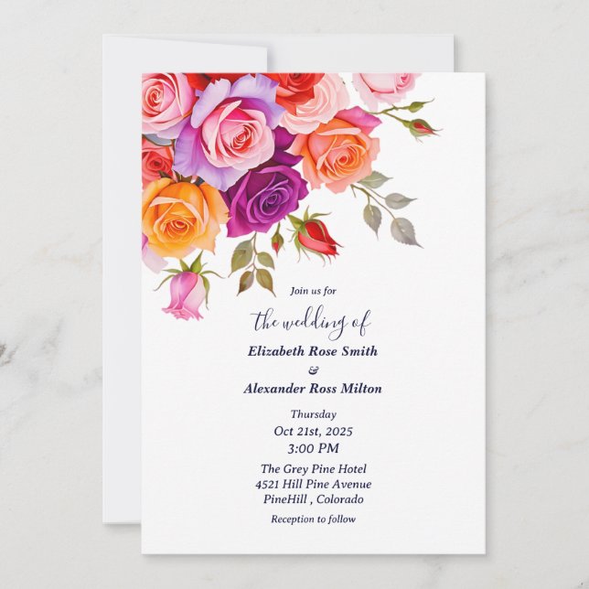 Convites Bright Red and pink purple roses floral wedding (Frente)