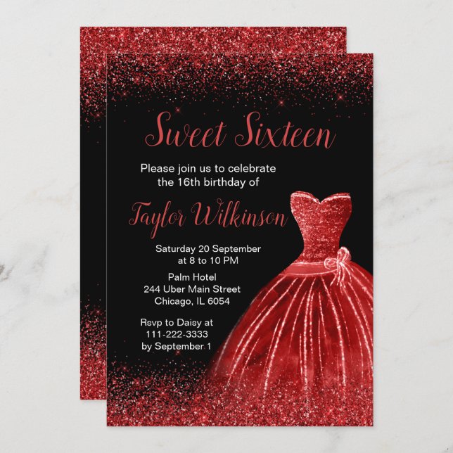 Convites Bright Red Dress Faux Glitter Sweet 16 Aniversário (Frente/Verso)