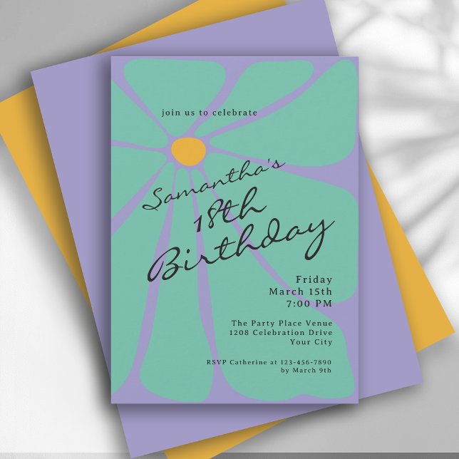 Convites Bright Retro Flower Power 18th Birthday (Available in both printed and instant download digital formats.)