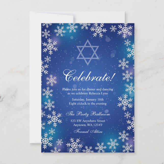 Convites Bright Snowflake Blue Winter Bat Mitzvah Recepção (Frente)