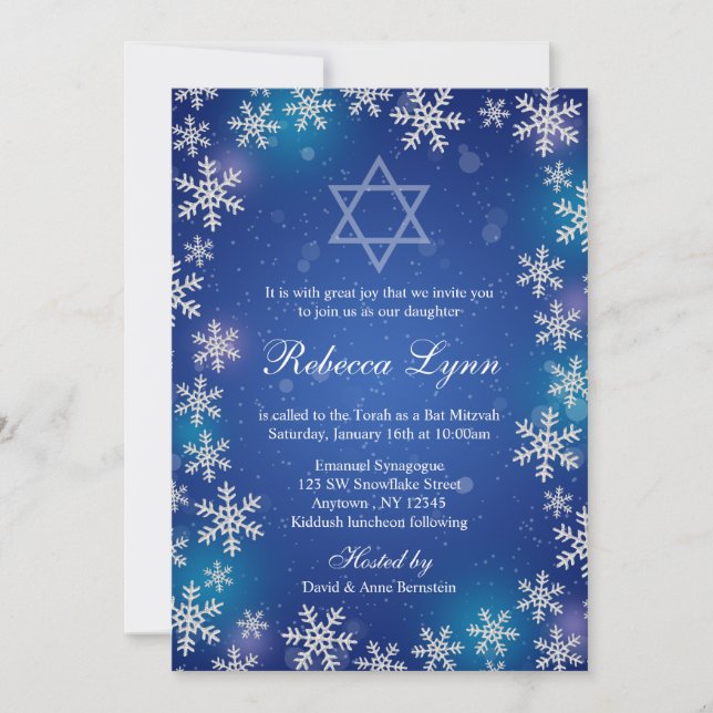 Convites Bright Snowflakes Blue Winter Bat Mitzvah (Frente)