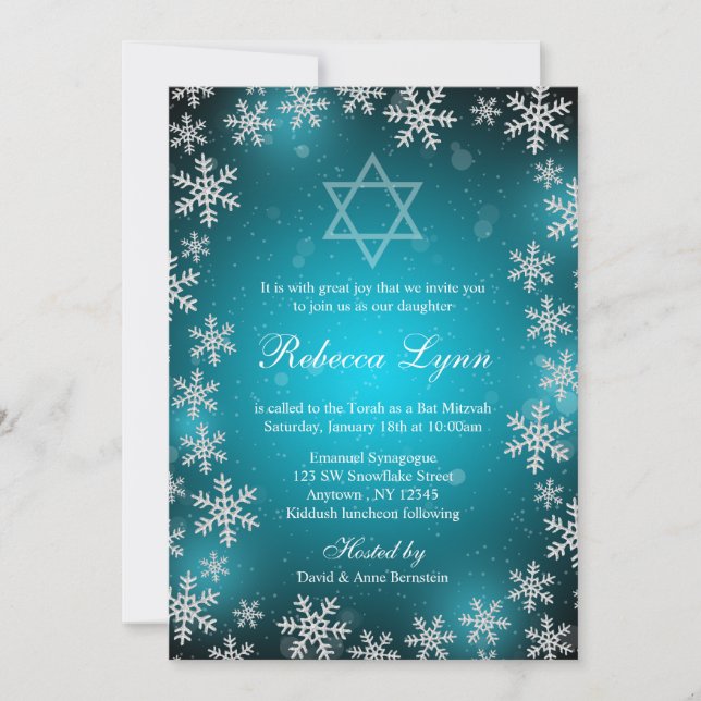 Convites Bright Snowflakes Teal Blue Winter Bat Mitzvah (Frente)