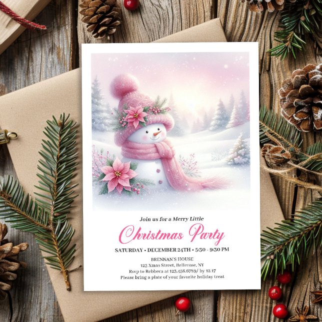 Convites Bright Snowy Forest Pink Snowman Christmas Invite  (Bright Snowy Forest Pink Snowman Christmas Invite Digital)