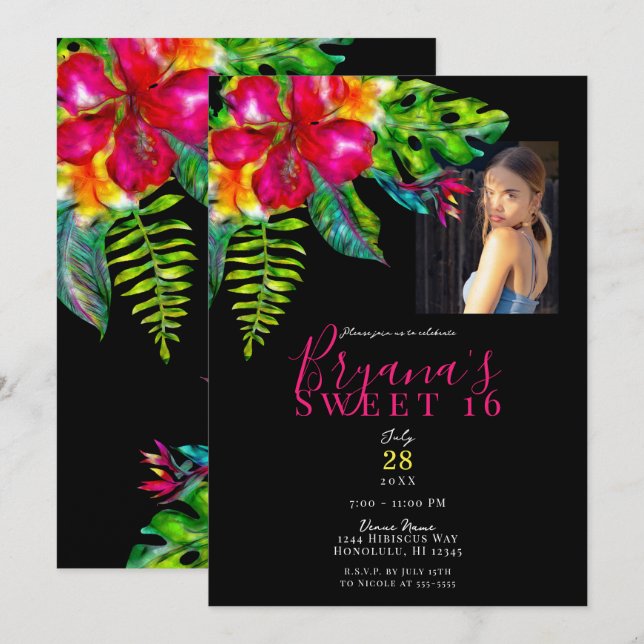 Convites Bright Tropical Hibiscus Colorpop Sweet 16 Party (Frente/Verso)