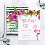 Convites Bright Tropical Pink Flamingo 50th Birthday<br><div class="desc">Ponha o tom para uma divertida celebração de aniversário de Verão com este convite de festas de "Vamos Flamingle" tropical fofo! Apresentando uma gota floral brilhante, de cor aquosa tropical, de hibisco colorido, pincel de garrafa, ave brilhante do paraíso e folhagem de palma, seguida de "Flamingle de Vamos" em rosa...</div>