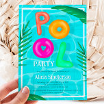 Convites Bright Tropical piscina neon floating Sweet 16<br><div class="desc">Faça um salto com nossos vibrantes e tropicais doces 16 aniversários! Prepare os seus boias e roupas de banho para uma festa que é certamente divertida e inesquecível! Apresentando Piscina escrita em flutuadores com ilustração néon rosa, verde, laranja Sweet 16 com reflexo de água piscina e folha tropical, palmeira e...</div>