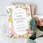 Convites Bright Watercolor Floral 50ª Festa de aniversário<br><div class="desc">Um convite de aniversário lindamente feminino com uma elegante estrutura floral de aquarela em cores alegres de amarelo, rosa, branco e verde faz este pop de convite com um charme na moda. Os emparelhamentos faciais do tipo de tendência incluem um título chic em letra minúscula emparelhada com sans serif moderno....</div>