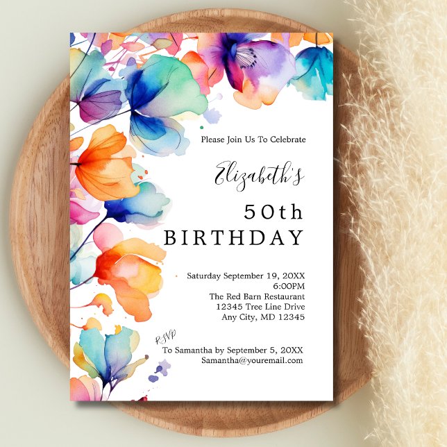 Convites Bright Watercolor Floral 50º Aniversário (Orange Blue Purple Bright Watercolor flowers 50th Birthday ( or any year ) Invitation for her)
