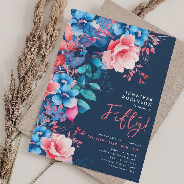 Convites Bright Watercolor Floral 50º Marinho de Aniversári (Bright Watercolor Floral 50th Birthday Navy Invitation)