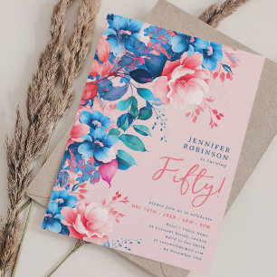 Convites Bright Watercolor Floral 50th Birthday Blush