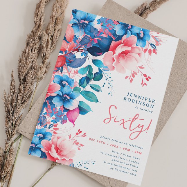 Convites Bright Watercolor Floral 60º Aniversário (Bright Watercolor Floral 60th Birthday Invitation)