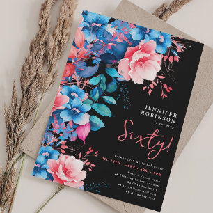 Convites Bright Watercolor Floral 60º Aniversário Negro