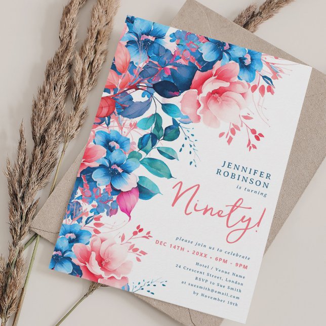 Convites Bright Watercolor Floral 90 Birthday (Bright Watercolor Floral 90th Birthday Invitation)