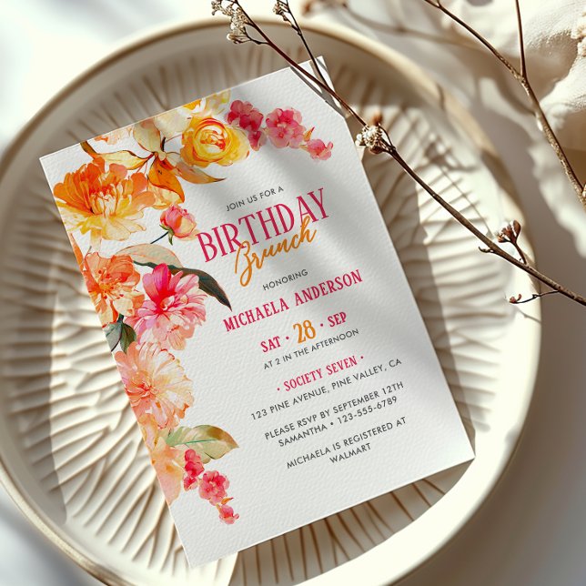 Convites Bright Watercolor Floral Birthday Brunch/Luncheon (Criador carregado)
