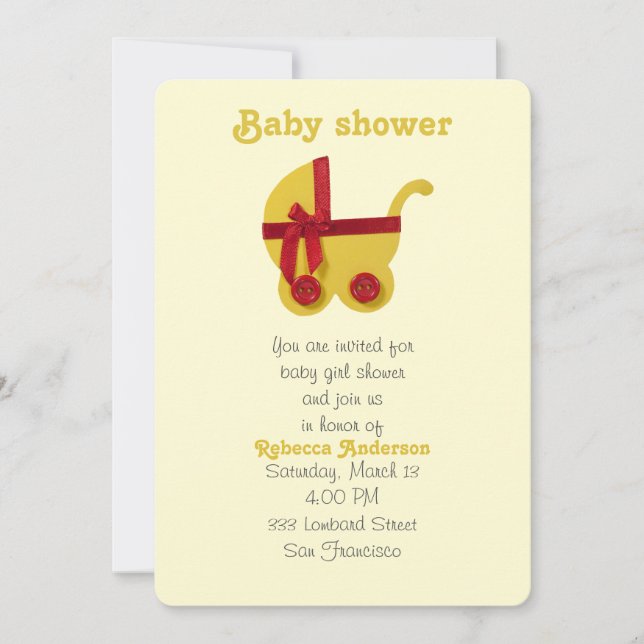Convites Bright Yellow, carrinho de bebê vermelho para chá  (Frente)