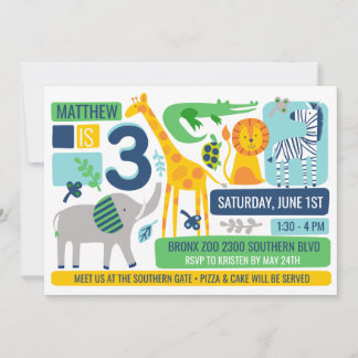 Convites Bright Zoo Jungle Animals Birthday Invitation