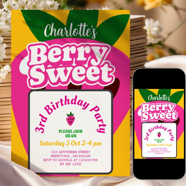 Convites Brilhante Amarelo Rosa Morango Doce Aniversário (Criador carregado)