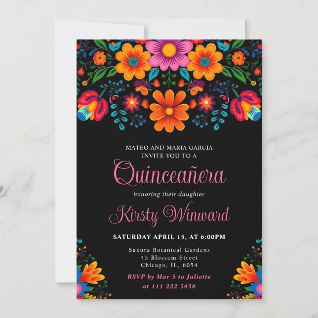 Convites Brilhante Arte Popular Mexicana Floral Quinceañera (Frente)