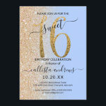 Convites Brilhante Azul Dourado Brilhante Brilhante Doce 16<br><div class="desc">Este convite de aniversário giro e chique de 16 anos é perfeito para o dia especial da sua filha adolescente. Ele apresenta uma brilhante brilha de ouro cintilante impressa, grande, "16" em cima de um simples azul de serenidade pastel e uma brilhante brilha de ouro suja fundo ombre gradiente. É...</div>